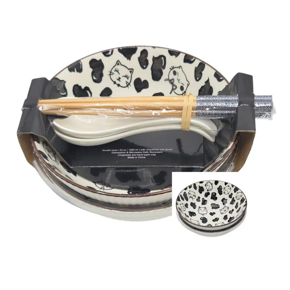 SH Home Set of 2 Cats Ceramic Ramen Noodle Bowl 43oz With‎ Chopsticks And Spoons
